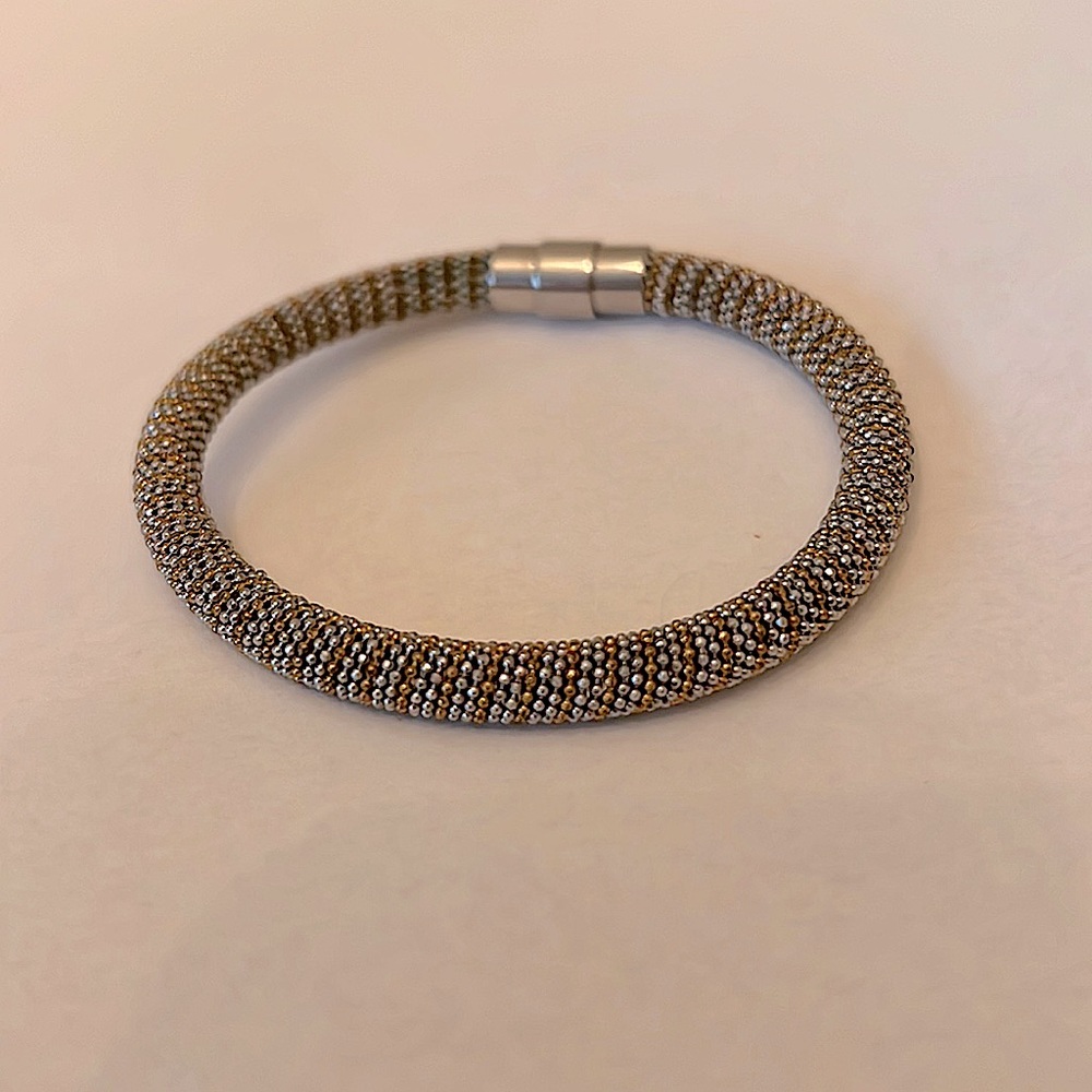 Silver and gold beaded mesh magnetic closure bracelet